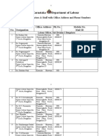 Govt of Karnataka Department of Labour: List of Officers, Inspectors & Staff With Office Address and Phone Numbers