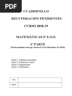 CUADERNILLO RECUPERACIÓN PENDIENTES CURSO MATEMÁTICAS 3º E.S.O. 1 PARTE (Fecha Máxima Entrega - Hasta El 14 de Diciembre de 2018)