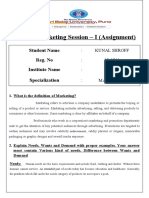 Basic of Marketing Session - I (Assignment) : Student Name Reg. No Institute Name Specialization