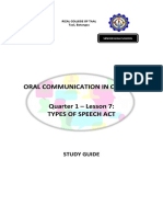 Oral Communication in Context Quarter 1 - Lesson 7: Types of Speech Act