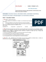 Cinemática Lista 1 Aulas 1 A 5.