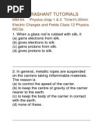 Prashant Tutorials: MM-64. Physics Chap 1 & 2 Time1h.30min Electric Charges and Fields Class 12 Physics Mcqs