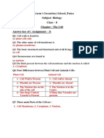 St. Karen's Secondary School, Patna Subject-Biology Class - 8 Chapter - The Cell Answer Key of (Assignment - 3)