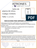 Patrones: Modelo: Pantalón de Pijama de Niños. Código: COS025. Talla: 1, 2, 4, 6