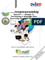 Entrepreneurship: Quarter 1 - Module 5: Developing A Business Plan: Screening Proposed Solutions