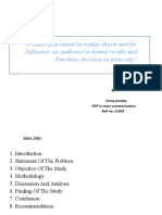 Product Placement in Reality Shows and Its Influence On Audience in Brand Recalls and Purchase Decision in Pune City"