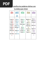 Escribe y Clasifica Las Palabras Dichas Con La Silaba Que Rimen