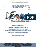 Elaboración Plan Territorial de Desarrollo Integral (Ptdi) Y Plan Estratégico Institucional (Pei) 2022 - 2026 Municipio Villa Libertad Licoma