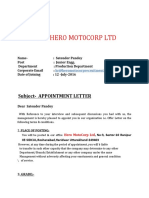 Hero Mot0Corp LTD: Subject-Appointment Letter