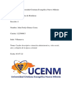 Cuadro Descriptivo Situación Administrativa, Vida Social, Arte y Religión de La Época Colonial