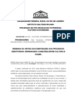 RESENHA DO ARTIGO Das Identidades Aos Processos Identitários Repensando Conexões Entre Cultura e Poder