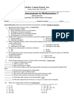 Quarter Assessment in Mathematics 7: Mother Guaini School, Inc