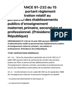 ORDONNANCE 91-232 du 15 août 1991 portant règlement d'administration relatif au personnel des établissements publics d'enseignement maternel, primaire, secondaire et professionnel. (Présidence de la République)