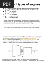 Different Types of Engines: - 1. Reciprocating Engine/propeller - 2. Turbojet - 3. Turbofan - 4. Turboprop