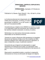 Convención Internacional Contra El Dopaje en El Deporte INSTRUMENTO INTERNACIONAL, Aprobado El 19 Octubre de