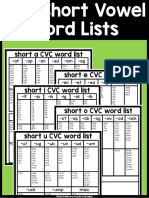 CVC Short Vowel Word Lists FREE