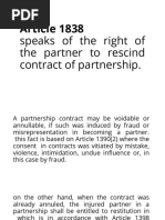 Article 1838 This Provision Speaks of The Right of The Partner To Rescind Contract of Partnership