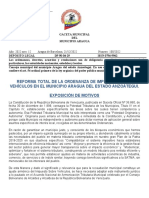 Reforma Total de La Ordenanza de Impuesto Sobre Vehículos en El Municipio Aragua Del Estado Anzoátegui. Exposición de Motivos