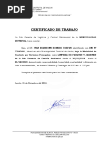 CERTIFICADO DE TRABAJO MUNICIPALIDAD DE ANCON Menor