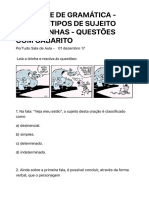 Atividade de Gramática - Sintaxe - Tipos de Sujeito Com Tirinhas - Questões Com Gabarito