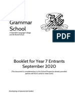 Bexley Grammar School: Booklet For Year 7 Entrants September 2020