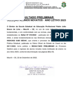 Resultado Preliminar Selecao Alunos Ano 2023 Eeep Padre Joao Bosco de Lima