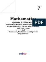 Math 7 - Q2 - Week 3 - Module 3 - Translating English Phrases and Sentence To Mathematical Phrases and Sentence and Vice Versa