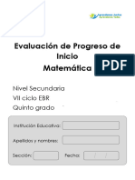 Evaluación de Progreso de Inicio Matemática: Nivel Secundaria VII Ciclo EBR Quinto Grado