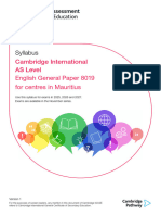 Syllabus: Cambridge International AS Level English General Paper 8019 For Centres in Mauritius