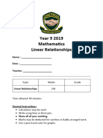 2019 - Y9 - Linear Relationships - Topic Test