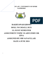 Bakhtawar Khoso ROLL NO 2024/LL.M/21 LL.M Ist Semester Assignment Topic Is Adultery or Zina Assigned by Sir Sanaullah. Date 6 June 2024