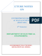 Lecture Notes ON: Entrepreneurship & Management (HMT-601)