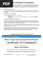 Sample Certificate of Completion: Recordkeeping Requirement