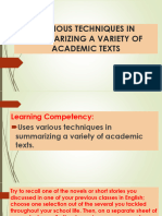 Various Techniques in Summarizing A Variety of Academic Texts