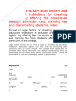 Legal Notice To Admission Brokers and Educational Institutions For Cheating Students by Offering Fee Concession Through Admission Test