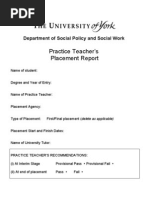 Practice Teacher's Placement Report: Department of Social Policy and Social Work