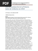 Cabildo de Buenos Aires. Acta de Instalación de La Primera Junta de Gobierno. 1810