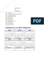 Calendar For Year 2013 (Malaysia) : January February March