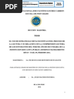 EL USO DE ESTRATEGIAS METACOGNITIVAS ENEL PROCESO DE LA LECTURA Y SU RELACION CON LA COMPRENSION LECTORA DE LOS ESTUDIANTES DEL TERCER AÑO DE SECUNDARIA DE LA INSTITUCION EDUCATIVA PUBLICA DOMINGO MANDAMIENTO SIPAN - UGEL 09, PERIODO 2011