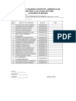 Industrial Training Institute, Ahmednagar Trade Test C.O.E. Exam Nov 2009 Attendence Report