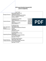 CSIR Young Scientist Awards 2013 (List of Recipients) : (Including Instrumentation)