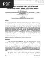 Head Teachers' Leadership Styles' and Teachers Job Satisfaction in Primary Schools in Ekiti State, Nigeria