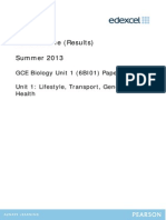 Mark Scheme (Results) Summer 2013: GCE Biology Unit 1 (6BI01) Paper 01 Unit 1: Lifestyle, Transport, Genes and Health