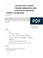 Questionnaire Sample: A Study of Brand Awareness and Brand Perception of Malabar Cement LTD, Walayar