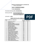 Admiss PG M Tech Civil (Envi, Struc, CM) 2008