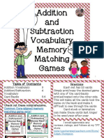 Addition and Subtraction Vocabulary Memory Matching Games