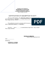 Certification of Assumption To Duty: Department of Education Schools Division of Siargao