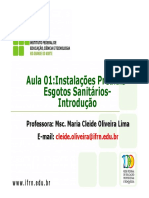 Aula 01 - Instalações Prediais - Esgotos Sanitários - Introdução. Professora - Msc. Maria Cleide Oliveira Lima