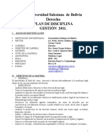 Derecho: Universidad Salesiana de Bolivia Plan de Disciplina GESTIÓN 2011