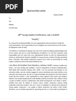 Sponsorship Letter: 18 Young Leaders Conference, July 1-6,2019